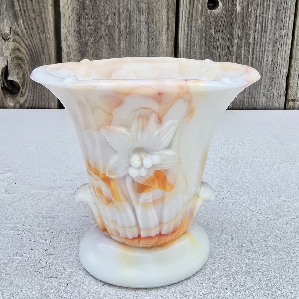 Akro Agate Slag Glass Vase Orange White Marbled Slag Floral Lily 4.5" READ